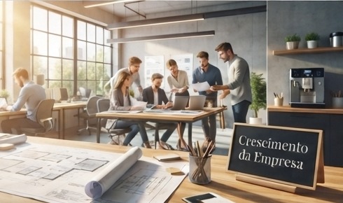 Equipe reunida em escritório planejando o crescimento da empresa